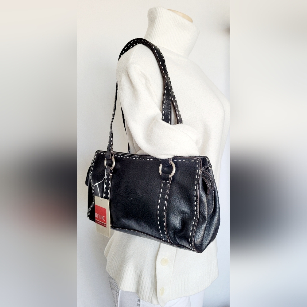 Relic Hannah Contrast Stitching Shoulder Bag Vegan Leather Black 12"×7"×3" NEW - Picture 2 of 16